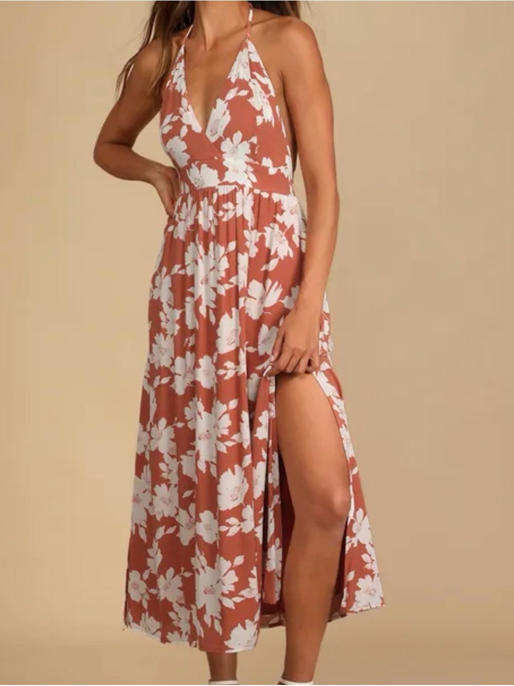 Lulu's Rust and White Backless Halter Floral Midi Dress